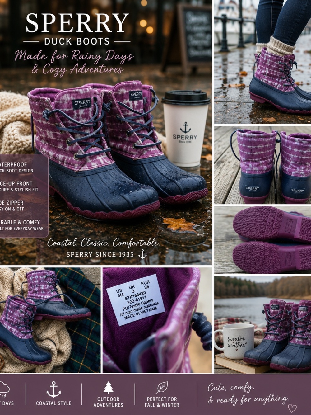 Sperry Duck Ankle Boots Women’s 4 Purple Tie Dye Rain Boots Lace Up Waterproof